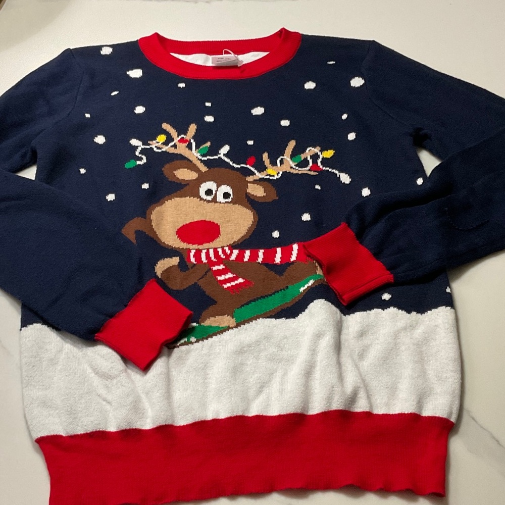 EUC Festive Reindeer Sweater - Navy and Red